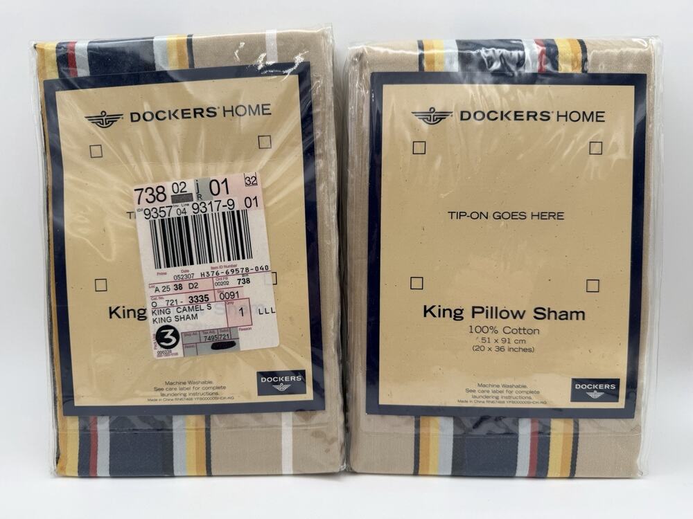 2x Dockers Camel Stripe King Pillow Shams Pair Tan Cotton 51 cmx 91 cm New